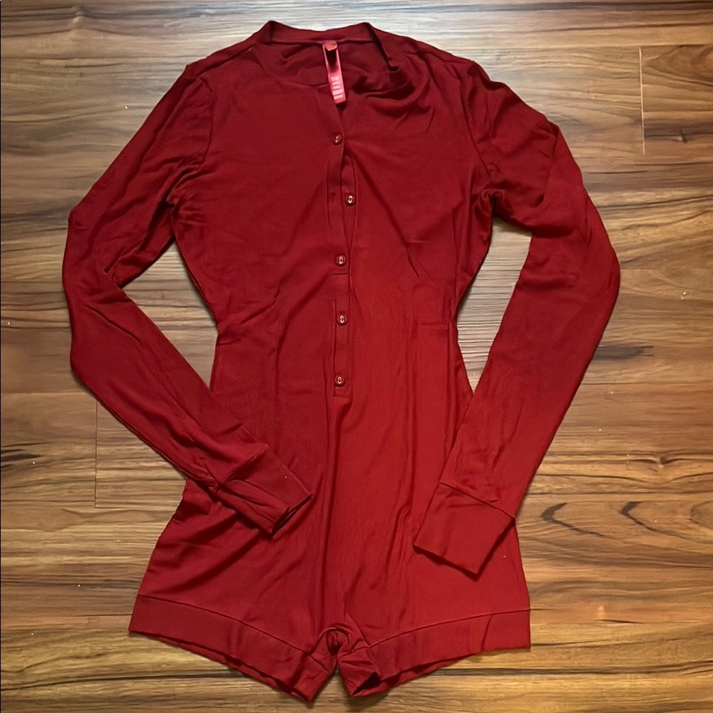 SKIMS Red Long Sleeve Pajama Romper